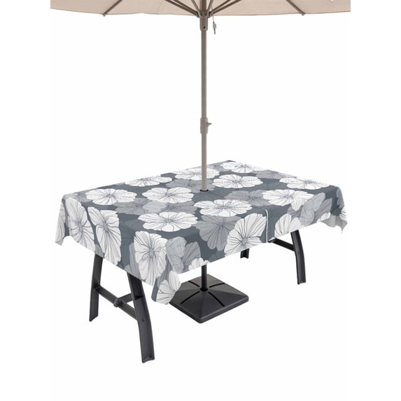 54x80 Inch Outdoor Tablecloth with Umbrella Hole Zipper Rectangle Country Flowers Rectangular Tablecloths Outside Waterproof Gray Retro Pastoral Botanical Floral Patio Table Cover for Picnic Party