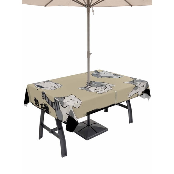 54x80 Inch Outdoor Tablecloth with Umbrella Hole Zipper Rectangle Cute Cat Rectangular Tablecloths Outside Waterproof Black Beige Vintage Animal Patio Table Cloth Cover for Picnic Party