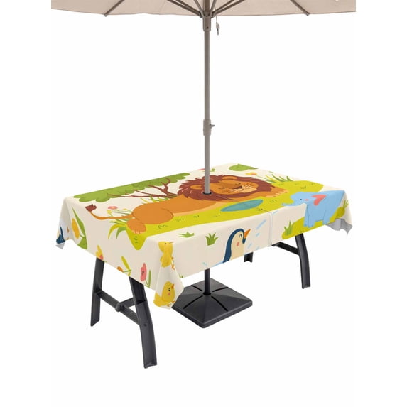 54x80 Inch Outdoor Tablecloth with Umbrella Hole Zipper Rectangle Cute Lion Rectangular Tablecloths Outside Waterproof Funny Animal Cartoon Modern Patio Table Cloth Cover for Picnic Party