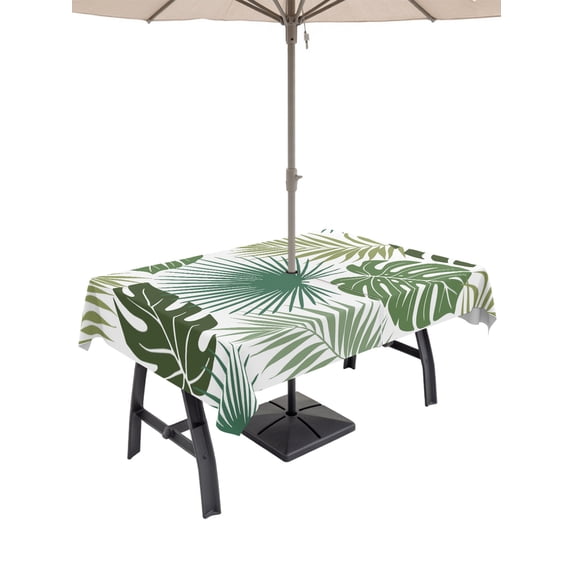 54x80 Inch Outdoor Tablecloth with Umbrella Hole Zipper Rectangle Dark Green Palm Leaves Rectangular Tablecloths Outside Waterproof Tropical Botanical Summer Patio Table Cloth Cover for Picnic Party