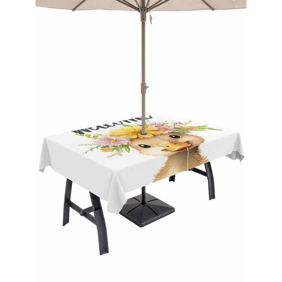 54x80 Inch Outdoor Tablecloth with Umbrella Hole Zipper Rectangle Duck Flower Rectangular Tablecloths Outside Waterproof Cute Farm Animal Pastoral Pastel Blooms Patio Table Cover for Picnic Party