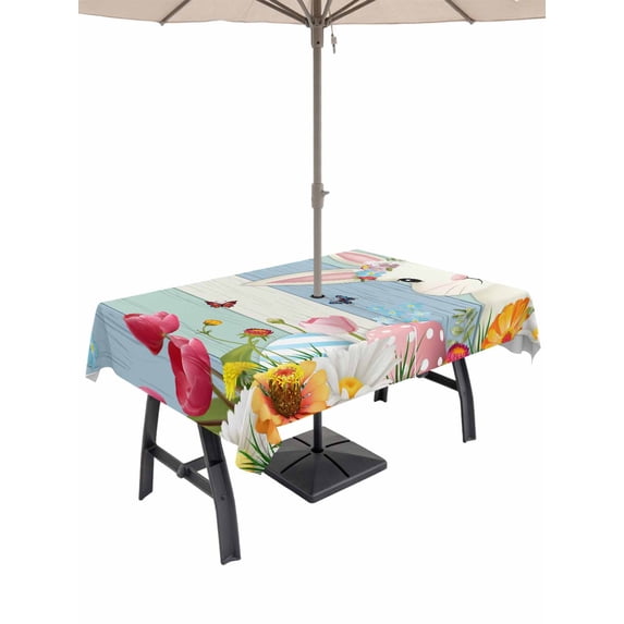 54x80 Inch Outdoor Tablecloth with Umbrella Hole Zipper Rectangle Easter Bunny Rectangular Tablecloths Outside Waterproof Spring Watercolor Eggs Flower Wood Grain Patio Table Cover for Picnic Party