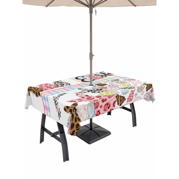 54x80 Inch Outdoor Tablecloth with Umbrella Hole Zipper Rectangle Easter Rectangular Tablecloths Outside Waterproof Spring Leopard Prints Colorful Bunny Eggs Striped Patio Table Cover for Picnic