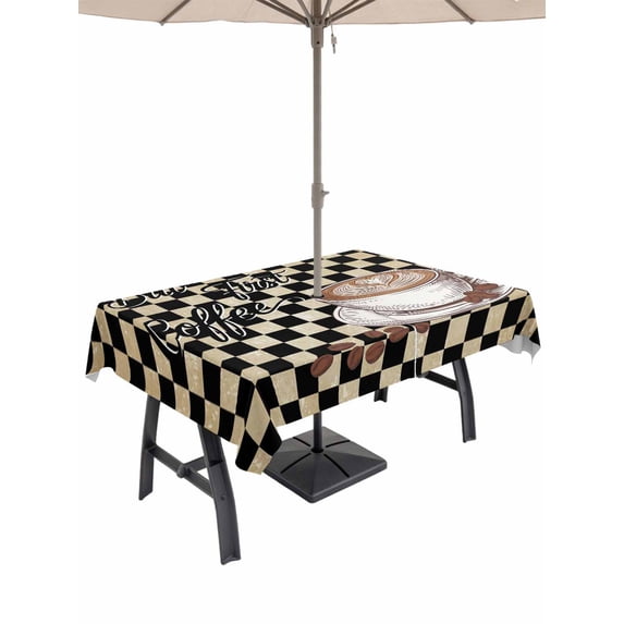 54x80 Inch Outdoor Tablecloth with Umbrella Hole Zipper Rectangle Farmhouse Coffee Rectangular Tablecloths Outside Waterproof Modern Vintage Coffees Black Brown Plaid Patio Table Cover for Picnic