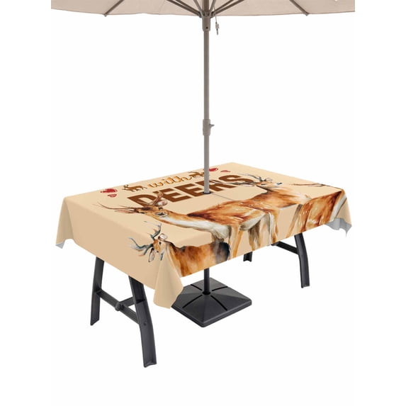 54x80 Inch Outdoor Tablecloth with Umbrella Hole Zipper Rectangle Farmhouse Deer Rectangular Tablecloths Outside Waterproof Wildlife Elk Animals Rustic Orange Patio Table Cloth Cover for Picnic Party