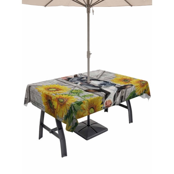 54x80 Inch Outdoor Tablecloth with Umbrella Hole Zipper Rectangle Farmhouse Rectangular Tablecloths Outside Waterproof Vintage Sunflowers Animals Printed Wood Grain Patio Table Cover for Picnic Party
