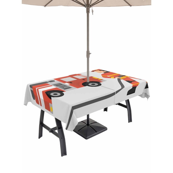 54x80 Inch Outdoor Tablecloth with Umbrella Hole Zipper Rectangle Firefighters Rectangular Tablecloths Outside Waterproof Cartoon Red Uniform Fire Truck Grey Patio Table Cloth Cover for Picnic Party
