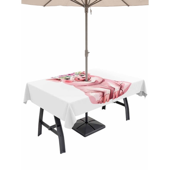 54x80 Inch Outdoor Tablecloth with Umbrella Hole Zipper Rectangle Funny Pig Rectangular Tablecloths Outside Waterproof Cute Watercolor Animals Flower Leaf Patio Table Cloth Cover for Picnic Party