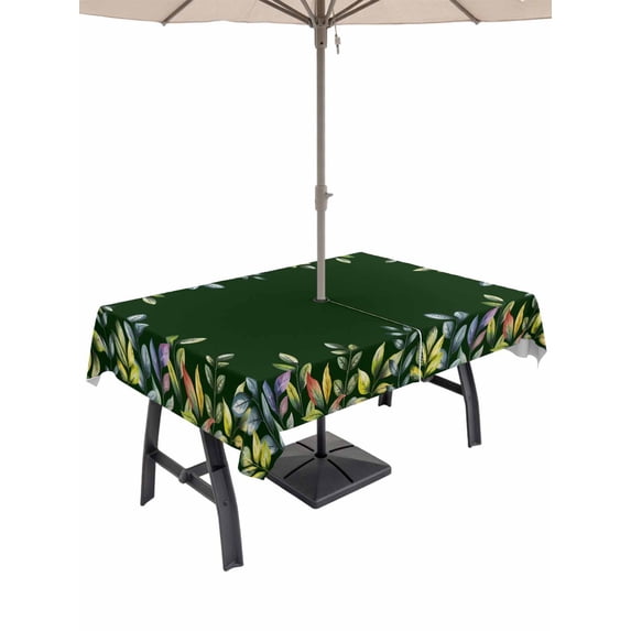 54x80 Inch Outdoor Tablecloth with Umbrella Hole Zipper Rectangle Green Leaf Rectangular Tablecloths Outside Waterproof Pastoral Summer Botanical Watercolor Patio Table Cloth Cover for Picnic Party