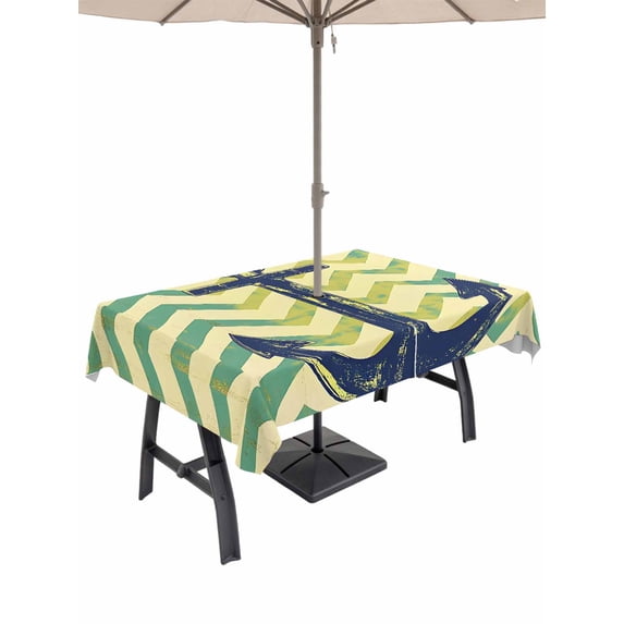 54x80 Inch Outdoor Tablecloth with Umbrella Hole Zipper Rectangle Green Nautical Anchor Rectangular Tablecloths Outside Waterproof Vintage Ombre Zigzag Stripe Patio Table Cloth Cover for Picnic Party