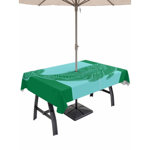 54x80 Inch Outdoor Tablecloth with Umbrella Hole Zipper Rectangle Green Whale Rectangular Tablecloths Outside Waterproof Mandalas Boho Modern Abstract Aqua Stripe Patio Table Cover for Picnic Party