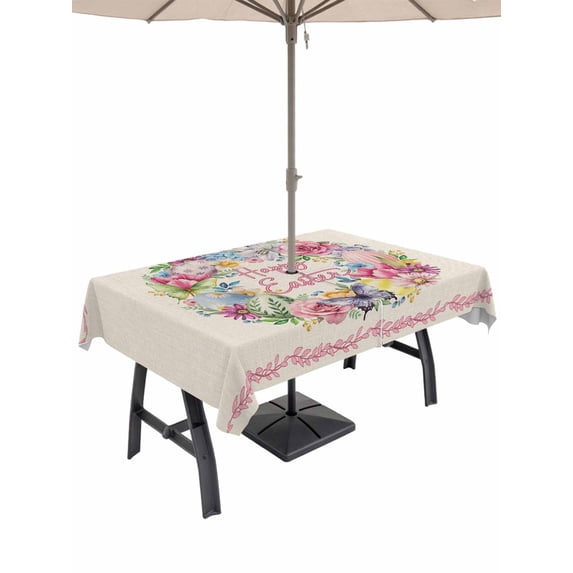 54x80 Inch Outdoor Tablecloth with Umbrella Hole Zipper Rectangle Happy Easter Rectangular Tablecloths Outside Waterproof Spring Flower Pastoral Butterfly Retro Beige Patio Table Cover for Picnic