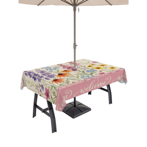 54x80 Inch Outdoor Tablecloth with Umbrella Hole Zipper Rectangle Meadow Wildflowers Rectangular Tablecloths Outside Waterproof Rustic Floral Botanical Blossom Patio Table Cloth Cover for Picnic
