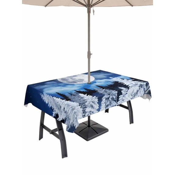 54x80 Inch Outdoor Tablecloth with Umbrella Hole Zipper Rectangle Moonlight Landscapes Rectangular Tablecloths Outside Waterproof Winter Christmas Trees Forest Patio Table Cover for Picnic Party