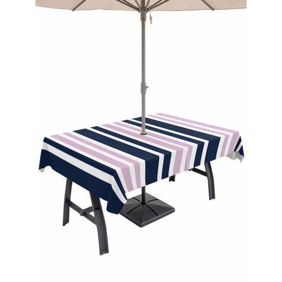 54x80 Inch Outdoor Tablecloth with Umbrella Hole Zipper Rectangle Navy Blue Pink Striped Rectangular Tablecloths Outside Waterproof Modern Minimalist Ombre Lines Patio Table Cover for Picnic Party