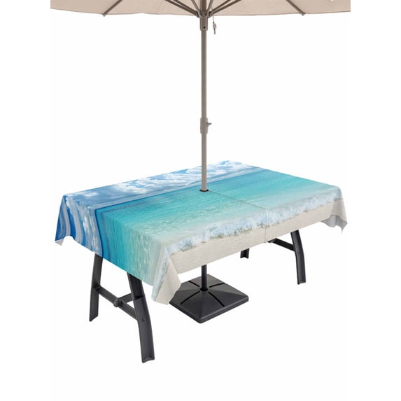 54x80 Inch Outdoor Tablecloth with Umbrella Hole Zipper Rectangle Ocean Blue Rectangular Tablecloths Outside Waterproof Beach Nature Coast Sea Shore Sky Seawater Patio Table Cover for Picnic Party