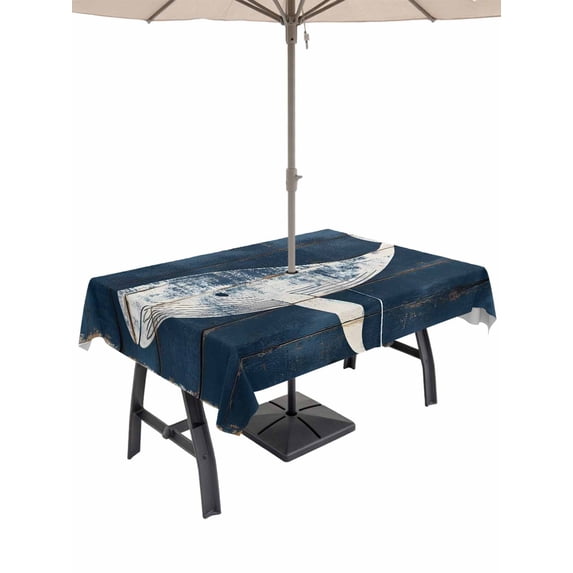 54x80 Inch Outdoor Tablecloth with Umbrella Hole Zipper Rectangle Ocean Whale Blue Rectangular Tablecloths Outside Waterproof Summer Vintage Sea Wooden Grain Patio Table Cloth Cover for Picnic Party
