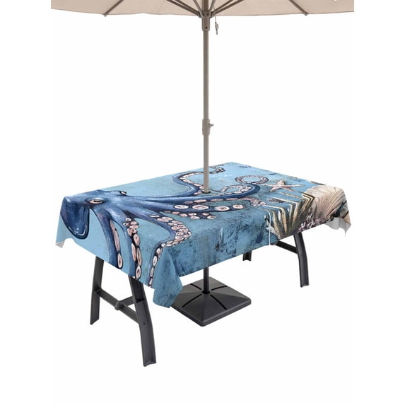 54x80 Inch Outdoor Tablecloth with Umbrella Hole Zipper Rectangle Octopus Rectangular Tablecloths Outside Waterproof Blue Ocean Coastal Starfish Shell Coral Retro Patio Table Cover for Picnic Party