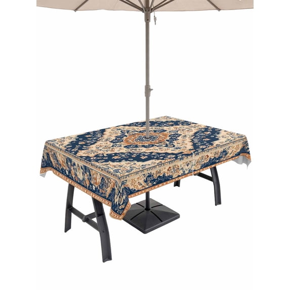 54x80 Inch Outdoor Tablecloth with Umbrella Hole Zipper Rectangle Orange Blue Southwestern Rectangular Tablecloths Outside Waterproof Antique Boho Farmhouse Ethnic Patio Table Cover for Picnic Party