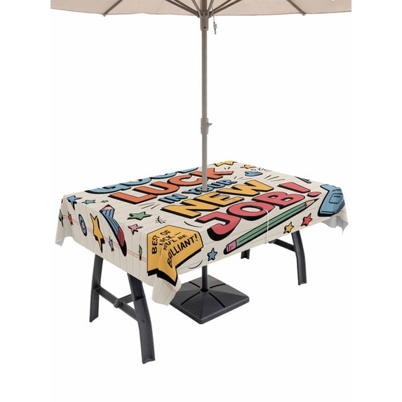 54x80 Inch Outdoor Tablecloth with Umbrella Hole Zipper Rectangle Orange Blue Words Rectangular Tablecloths Outside Waterproof Funny Words Cartoon Luck Patio Table Cloth Cover for Picnic Party