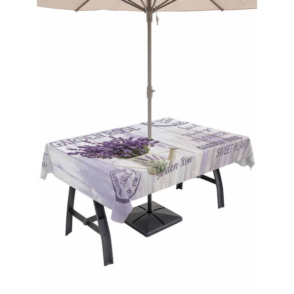 54x80 Inch Outdoor Tablecloth with Umbrella Hole Zipper Rectangle Purple Lavender Rectangular Tablecloths Outside Waterproof Vintage Farmhouse Rustic Floral Wooden Grain Patio Table Cover for Picnic