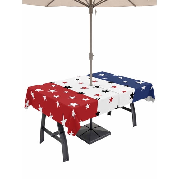 54x80 Inch Outdoor Tablecloth with Umbrella Hole Zipper Rectangle Red Blue Stars 4th of July Rectangular Tablecloths Outside Waterproof Independence Day Retro Patio Table Cloth Cover for Picnic Party