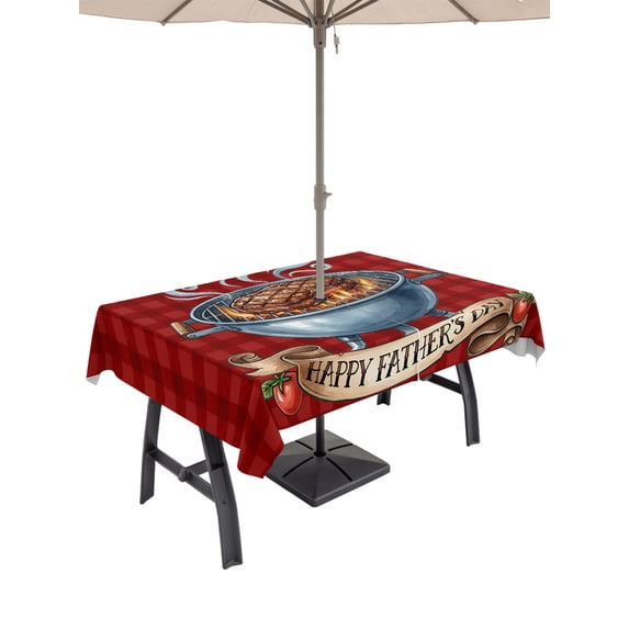 54x80 Inch Outdoor Tablecloth with Umbrella Hole Zipper Rectangle Red Father's Day Rectangular Tablecloths Outside Waterproof Checkered Farmhouse Art Plaid Patio Table Cloth Cover for Picnic Party