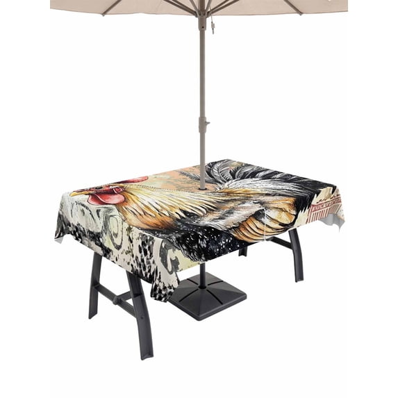 54x80 Inch Outdoor Tablecloth with Umbrella Hole Zipper Rectangle Retro Rooster Rectangular Tablecloths Outside Waterproof Pastoral Animals Watercolor Patio Table Cloth Cover for Picnic Party