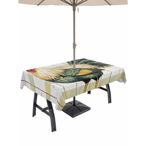 54x80 Inch Outdoor Tablecloth with Umbrella Hole Zipper Rectangle Sage Green Rooster Rectangular Tablecloths Outside Waterproof Vintage Animals Wooden Watercolor Patio Table Cover for Picnic Party