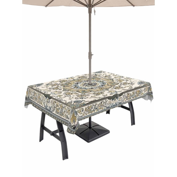 54x80 Inch Outdoor Tablecloth with Umbrella Hole Zipper Rectangle Southwestern Boho Rectangular Tablecloths Outside Waterproof Geometric Ethnic Vintage Retro Patio Table Cloth Cover for Picnic Party