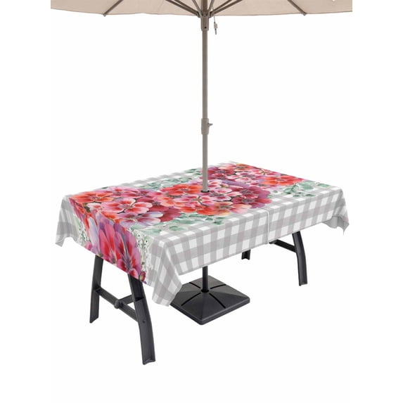 54x80 Inch Outdoor Tablecloth with Umbrella Hole Zipper Rectangle Spring Flowers Rectangular Tablecloths Outside Waterproof Botanical Floral Eucalyptus Leaves Grey Plaid Patio Table Cover for Picnic