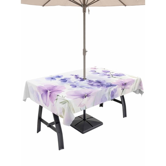 54x80 Inch Outdoor Tablecloth with Umbrella Hole Zipper Rectangle Spring Flowers Rectangular Tablecloths Outside Waterproof Watercolor Idyllic Lavender Purple Plant Patio Table Cover for Picnic Party