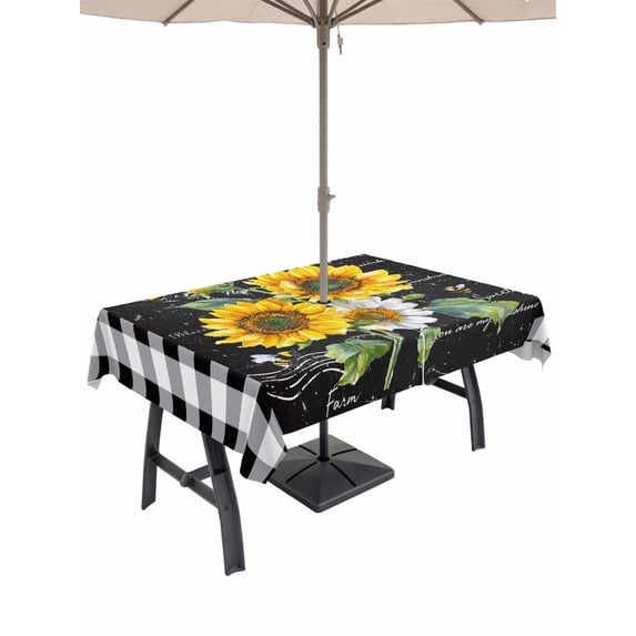 54x80 Inch Outdoor Tablecloth with Umbrella Hole Zipper Rectangle Spring Yellow Flowers Rectangular Tablecloths Outside Waterproof Check Oil Painting Vintage Patio Table Cloth Cover for Picnic Party