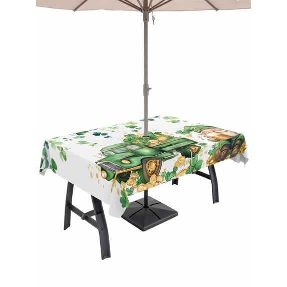 54x80 Inch Outdoor Tablecloth with Umbrella Hole Zipper Rectangle St. Patrick's Day Rectangular Tablecloths Outside Waterproof Green Truck Clovers Gold Patio Table Cloth Cover for Picnic Party
