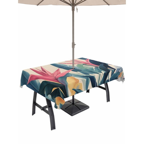 54x80 Inch Outdoor Tablecloth with Umbrella Hole Zipper Rectangle Summer Leaves Rectangular Tablecloths Outside Waterproof Retro Country Colorful Tropical Plant Patio Table Cover for Picnic Party