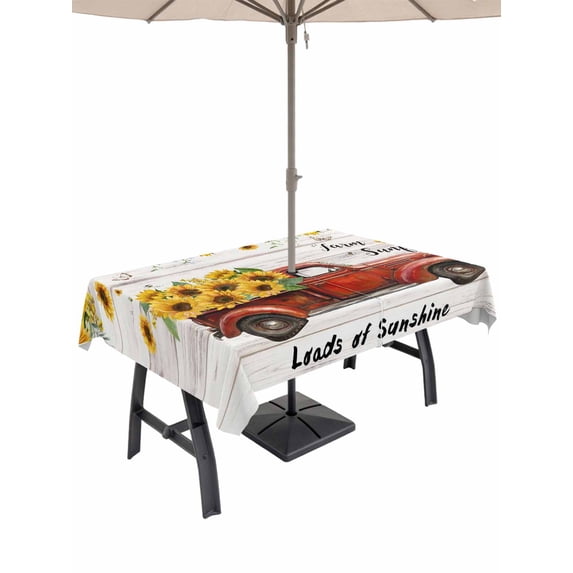 54x80 Inch Outdoor Tablecloth with Umbrella Hole Zipper Rectangle Sunflower Truck Rectangular Tablecloths Outside Waterproof Elegant Yellow Floral Summer Botanical Wooden Patio Table Cover for Picnic