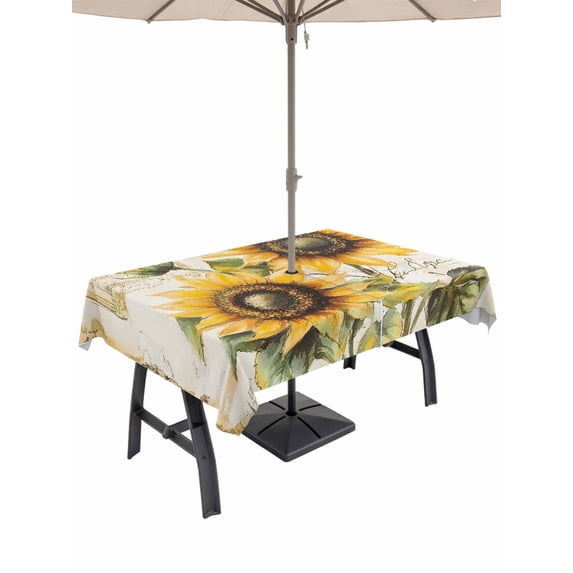 54x80 Inch Outdoor Tablecloth with Umbrella Hole Zipper Rectangle Sunflowers Retro Rectangular Tablecloths Outside Waterproof Spring Summer Floral Botanical Patio Table Cloth Cover for Picnic Party