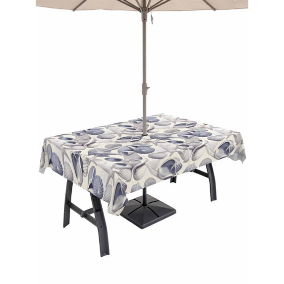 54x80 Inch Outdoor Tablecloth with Umbrella Hole Zipper Rectangle Vintage Coastal Rectangular Tablecloths Outside Waterproof Blue Grey Starfish Shell Conch Patio Table Cloth Cover for Picnic Party