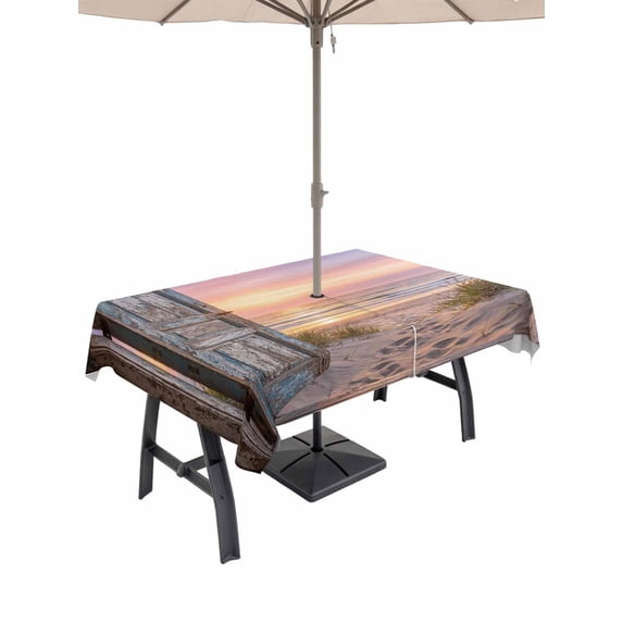 54x80 Inch Outdoor Tablecloth with Umbrella Hole Zipper Rectangle Vintage Door Coastal Rectangular Tablecloths Outside Waterproof Sunset Seaside Summer Beach Patio Table Cloth Cover for Picnic Party