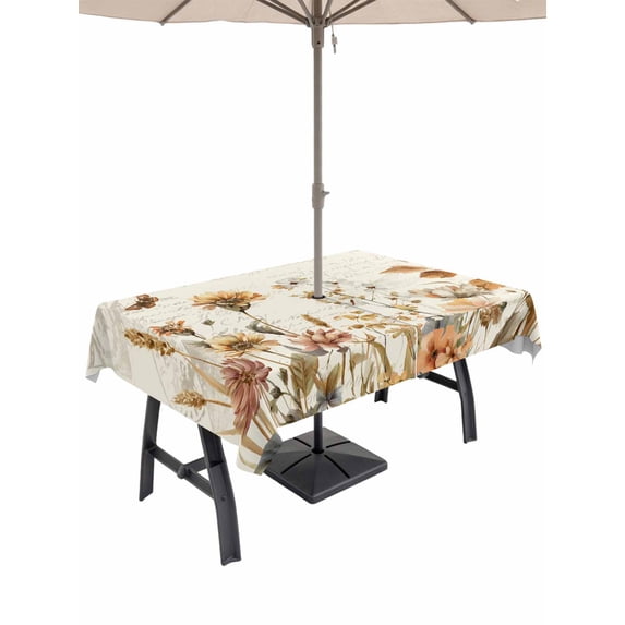 54x80 Inch Outdoor Tablecloth with Umbrella Hole Zipper Rectangle Vintage Floral Rectangular Tablecloths Outside Waterproof Spring Flowers Eucalyptus Leaves Retro Patio Table Cover for Picnic Party
