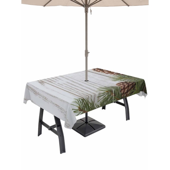 54x80 Inch Outdoor Tablecloth with Umbrella Hole Zipper Rectangle Vintage Pine Cones Rectangular Tablecloths Outside Waterproof Retro Botanical Watercolor Wooden Patio Table Cover for Picnic Party