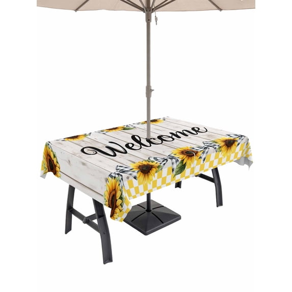 54x80 Inch Outdoor Tablecloth with Umbrella Hole Zipper Rectangle Yellow Sunflower Plaid Rectangular Tablecloths Outside Waterproof Bows White Wood Country Art Patio Table Cover for Picnic Party