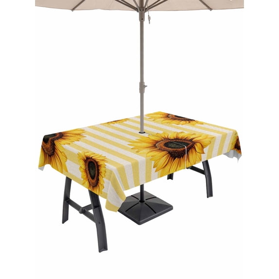 54x80 Inch Outdoor Tablecloth with Umbrella Hole Zipper Rectangle Yellow Sunflower Rectangular Tablecloths Outside Waterproof Beige Vertical Striped Beige Retro Patio Table Cover for Picnic Party