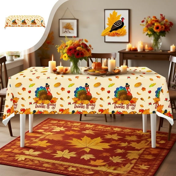 ​54x87 Inch Thanksgiving Tablecloth - Pumpkin & Turkey Pattern Disposable PEVA Plastic Table Cover, Waterproof Oilproof for Fall Harvest Party Decor, Easy Clean & Reusable​​ Multicolor