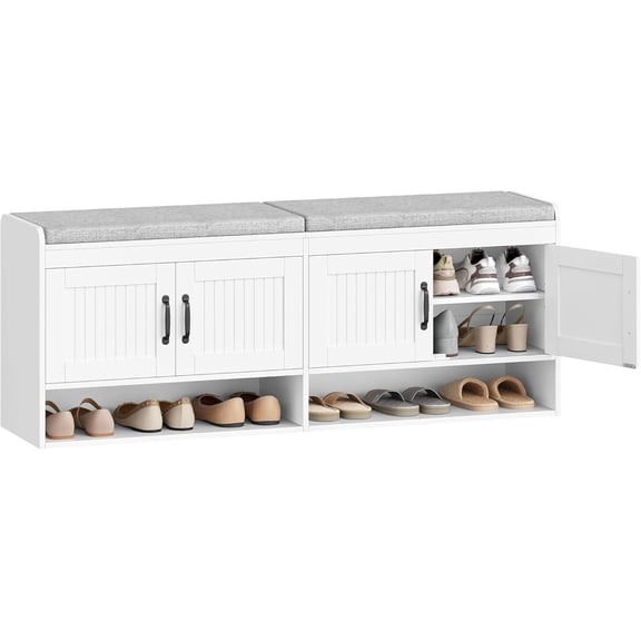 55.1" 3-Tier Shoe Storage Bench with Padded Cushion, 4 Doors & Adjustable Shelves, White