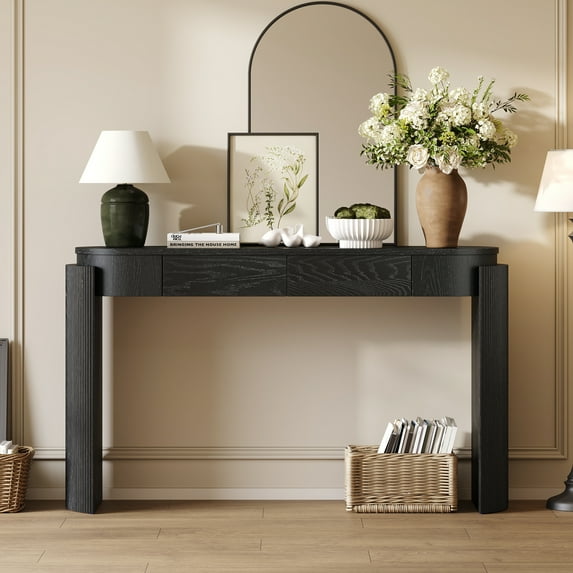 55.1" Black Fluted Console Table with 2 Drawers, Modern Entryway Table with Oval Top & Natural Wood Grain Finish