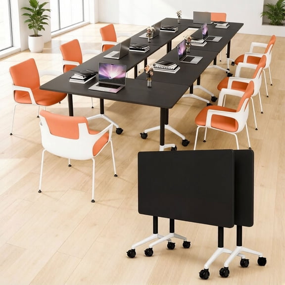 55.1" Conference Table with Wheels, 2PCS Conference Room Table, Black Flip Top Training Meeting Tables for Office Conference