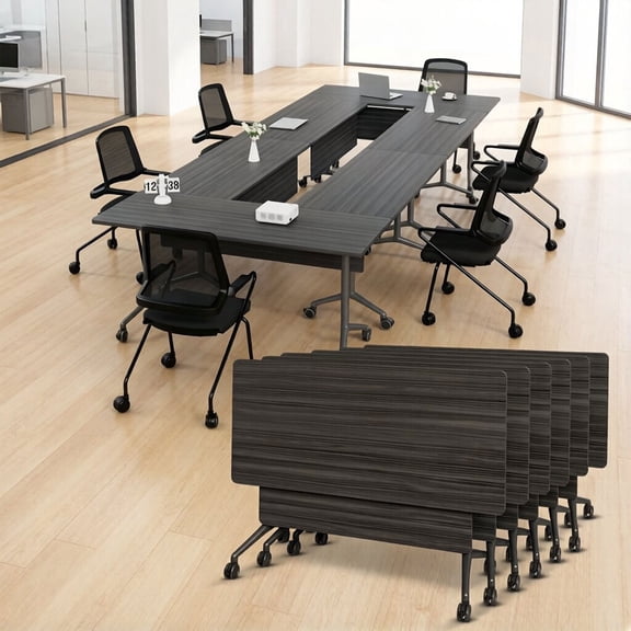 55.1" Conference Table with Wheels, 6PCS Conference Room Table, Black Flip Top Training Meeting Tables for Office Conference