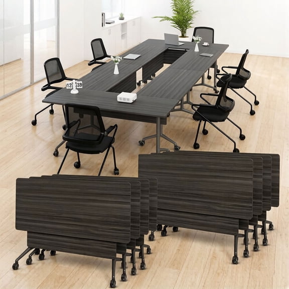 55.1" Conference Table with Wheels, 8PCS Conference Room Table, Black Flip Top Training Meeting Tables for Office Conference