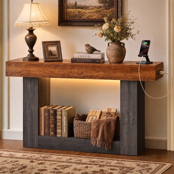 55.1" Console Table with Built-in LED Light & Power Outlet Modern Entryway Table for Living Room, Hallway, Sofa Behind Couch